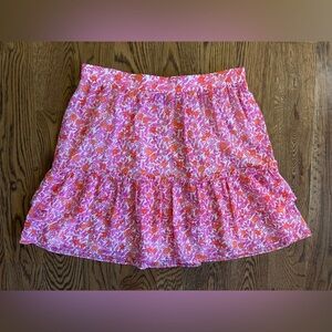JCrew Factory pink and orange floral tiered lined ruffle mini skirt. Size medium